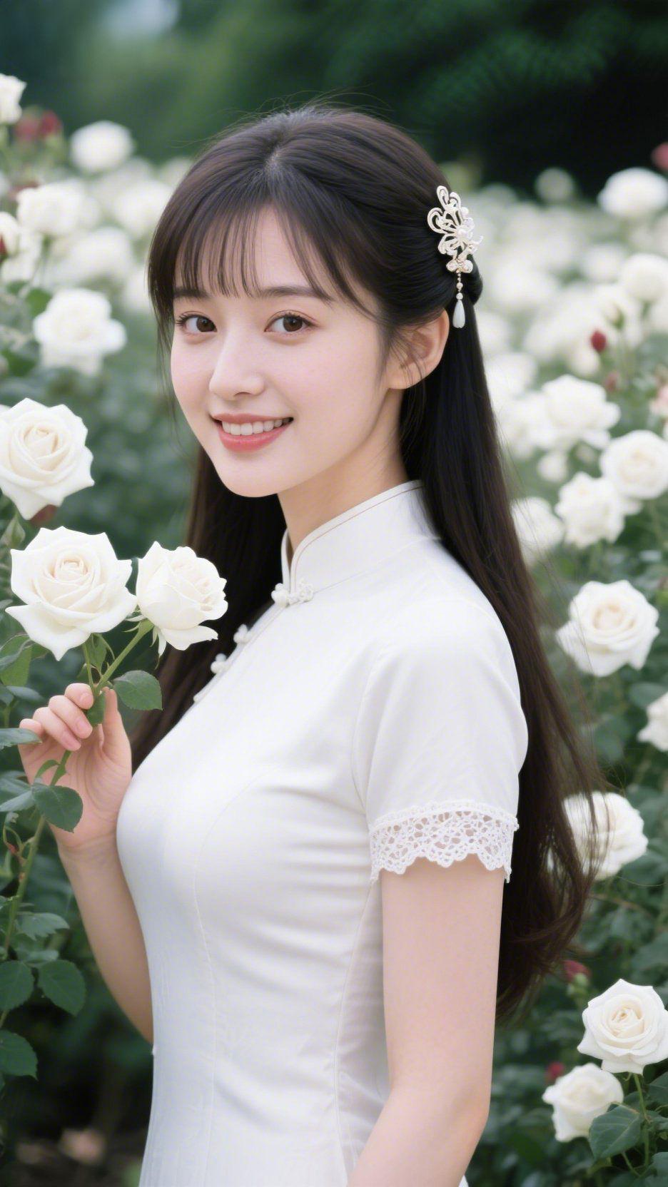 素旗袍裹白玫温白玫香缠过发梢，她身上的素色旗袍似浸了晨露的软——蕾丝袖缀着