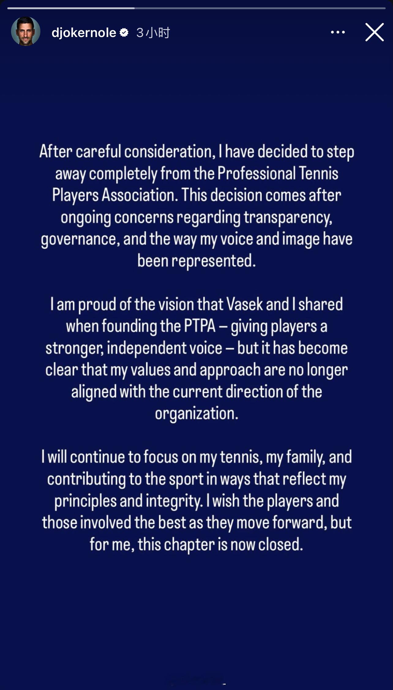 德约科维奇宣布退出PTPA他给出的退出原因主要有以下几点：￼●价值观不一致：