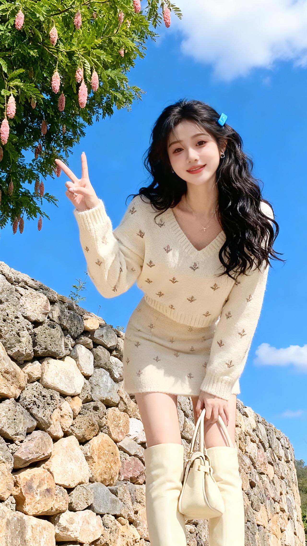 谁懂啊！这奶fufu的针织套装一穿，直接把“温柔松弛感”焊在身上了✨V领+短