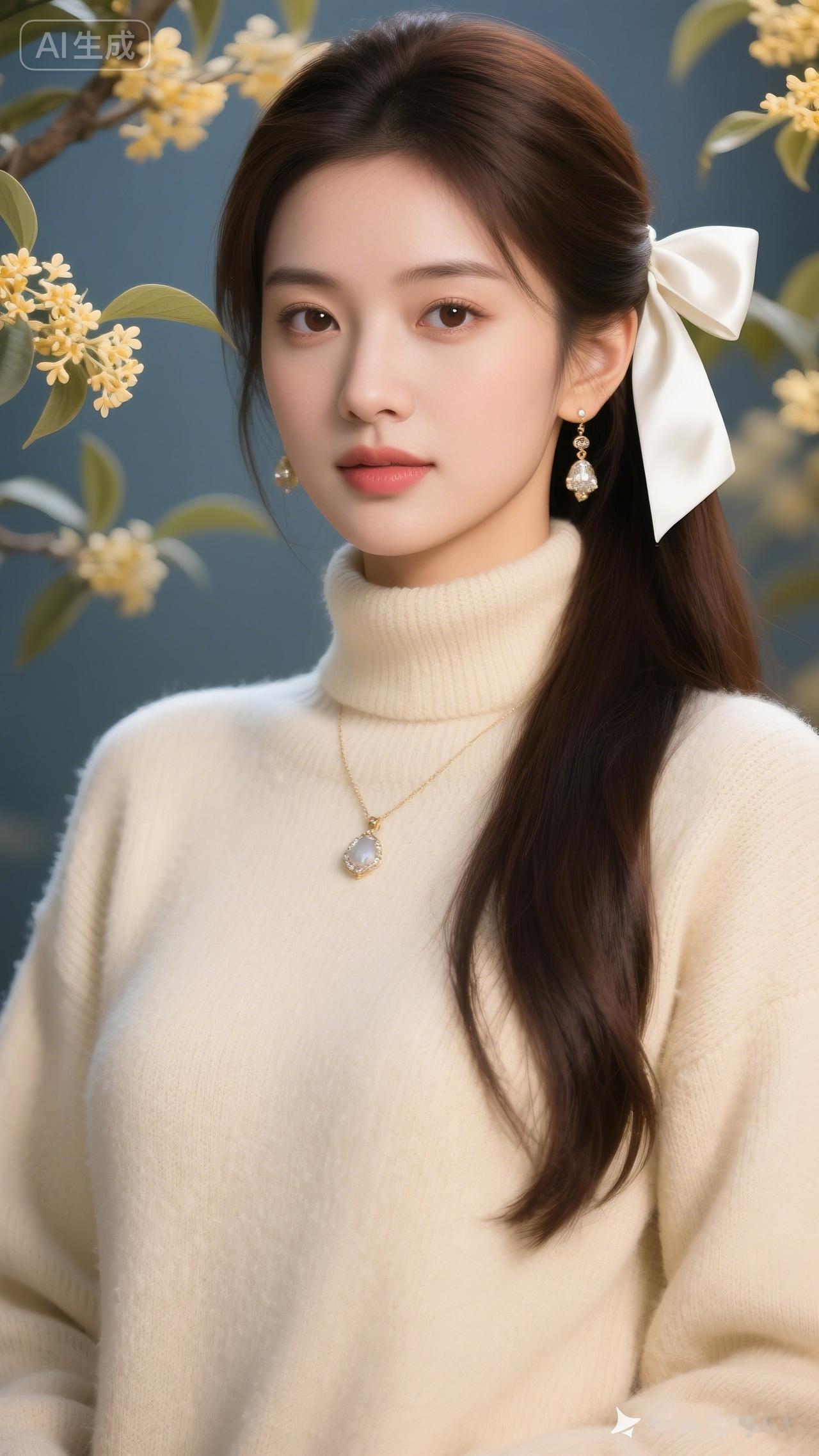 温柔优雅的春日穿搭，白色蝴蝶结发饰与珍珠项链相得益彰，尽显甜美气质。