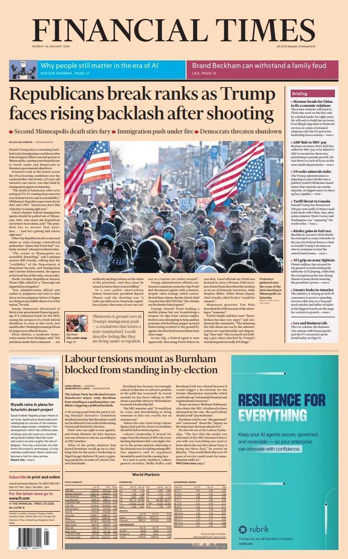 据《金融时报》报道，在面对着明尼苏达州第二起枪杀事件，美国政治发生微妙的变化。