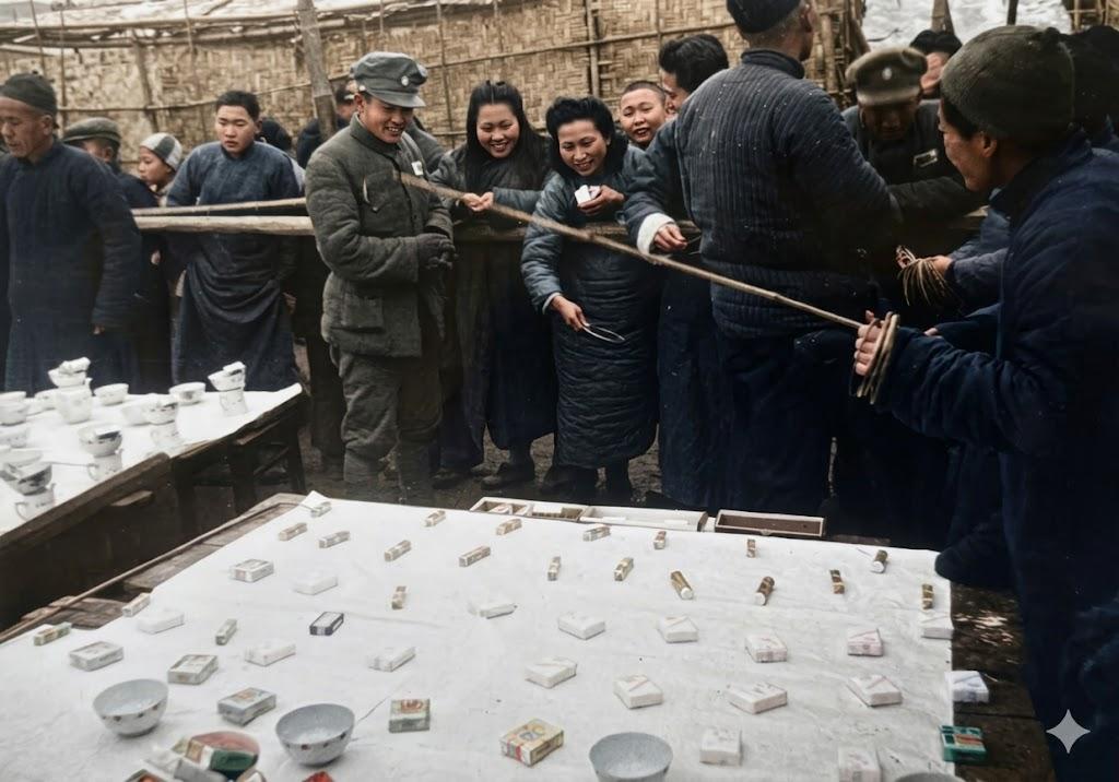 民国，南京夫子庙，庙会套圈游乐摊。长竹竿当做投掷界线，桌布上零散码放香烟、瓷碗等