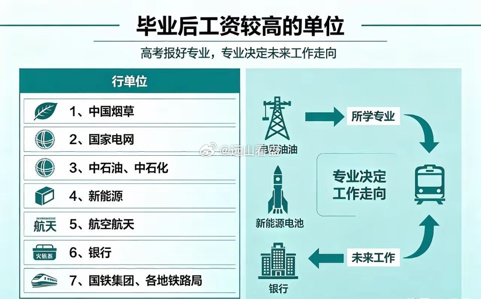 毕业后工资较高的单位：1、中国烟草；2、国家电网；3、中石油、中石化；4、新能源