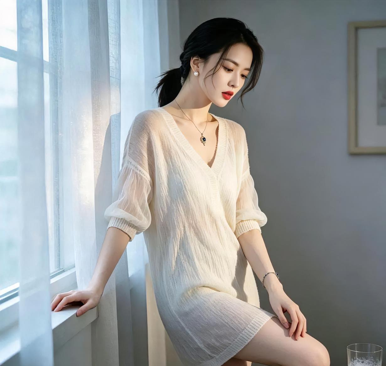 晨光微透，轻拂白色窗纱，一袭柔软针织，包裹着慵懒与温婉。低眉浅坐，微光流