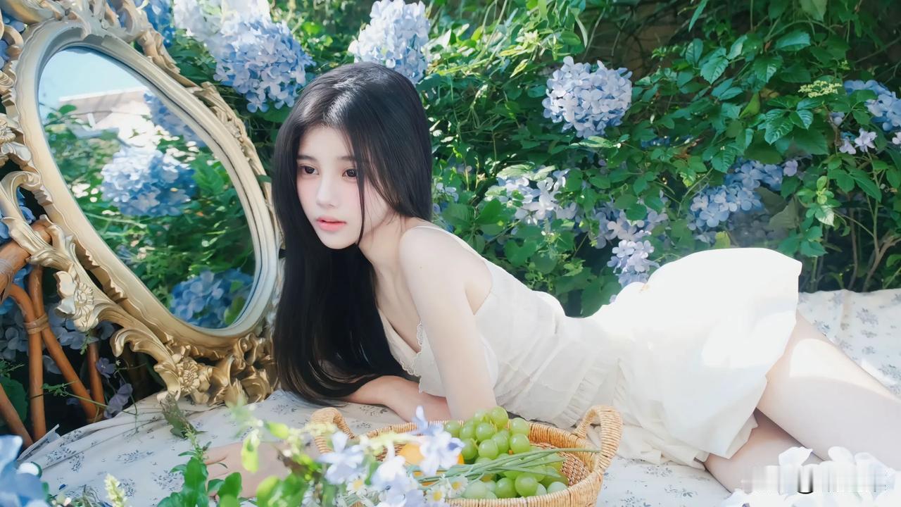 少女在花丛中，镜中映出梦幻世界