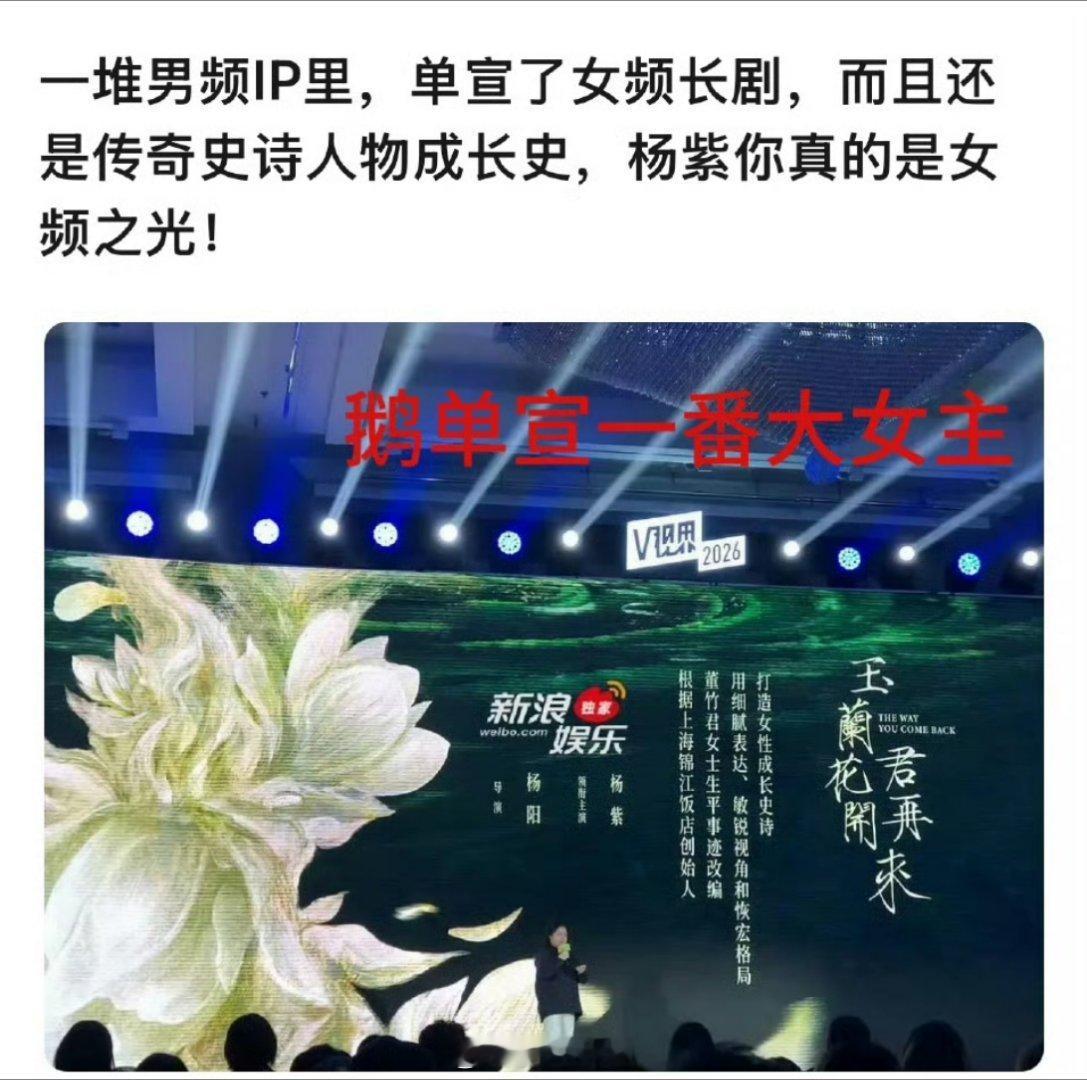 在一堆的男频IP里面，专门单独官宣了杨紫的女频长剧玉兰花开君再来，从bg之光到长