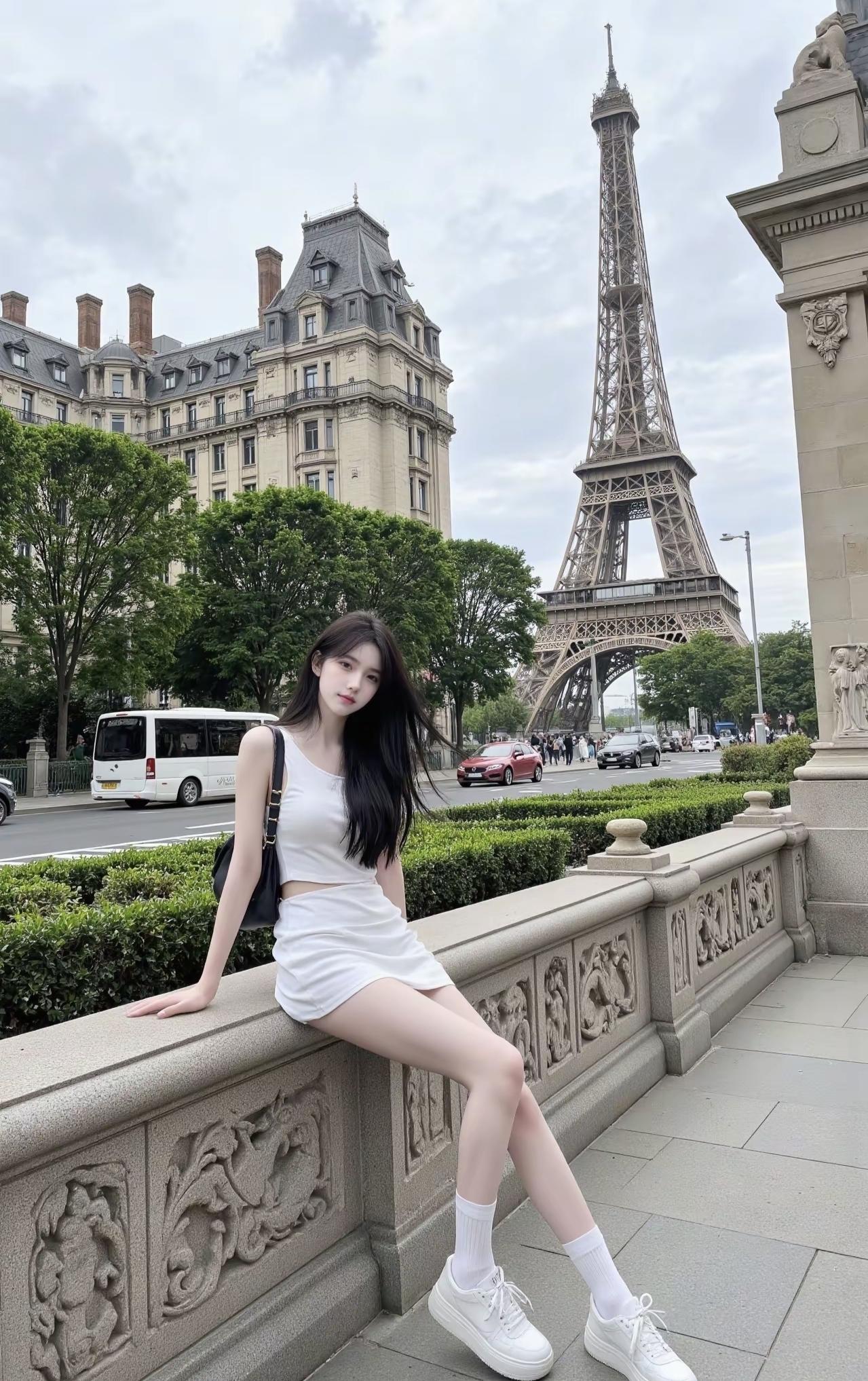 风裹着巴黎的松弛感，从埃菲尔铁塔尖儿飘到裙摆边。白裙和街景撞了个温柔的满怀，连时