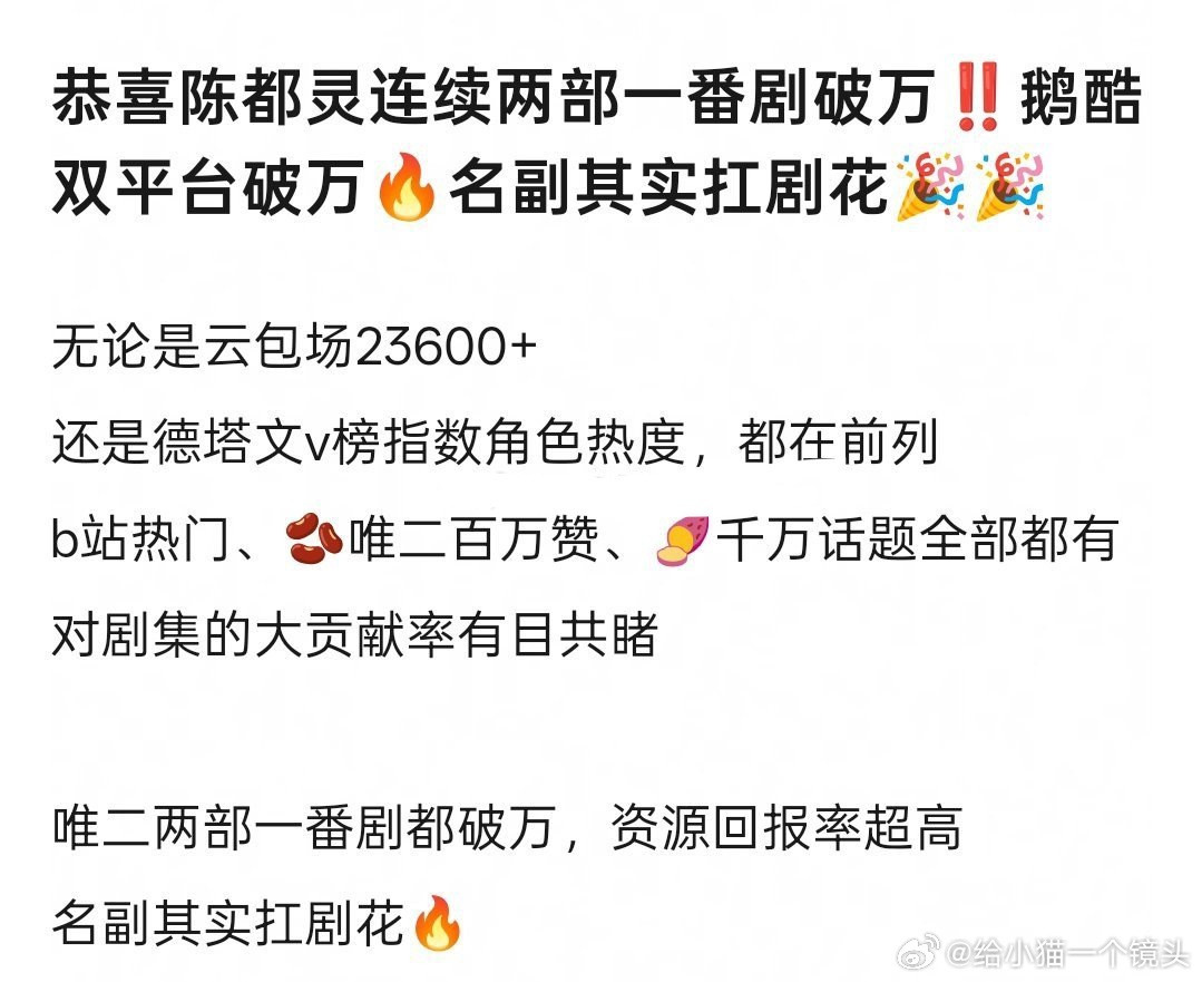 陈都灵拥有连续两部一番破万剧集，腾讯和优酷双破万。