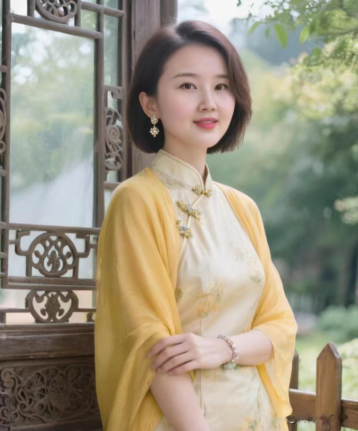 行香子·倚阑雕槛凝阴，翠树笼光。披柔绡、浅衬旗袍。盘花缀领，逸韵飘飘。见眼