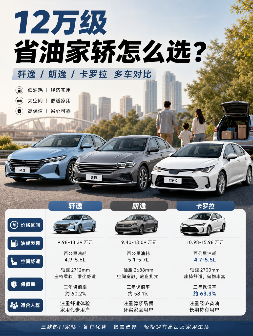 12万级省油家轿怎么选？轩逸、朗逸、卡罗拉谁更适合家用？如果预算在12万元左右，想买一台省心、省油、
