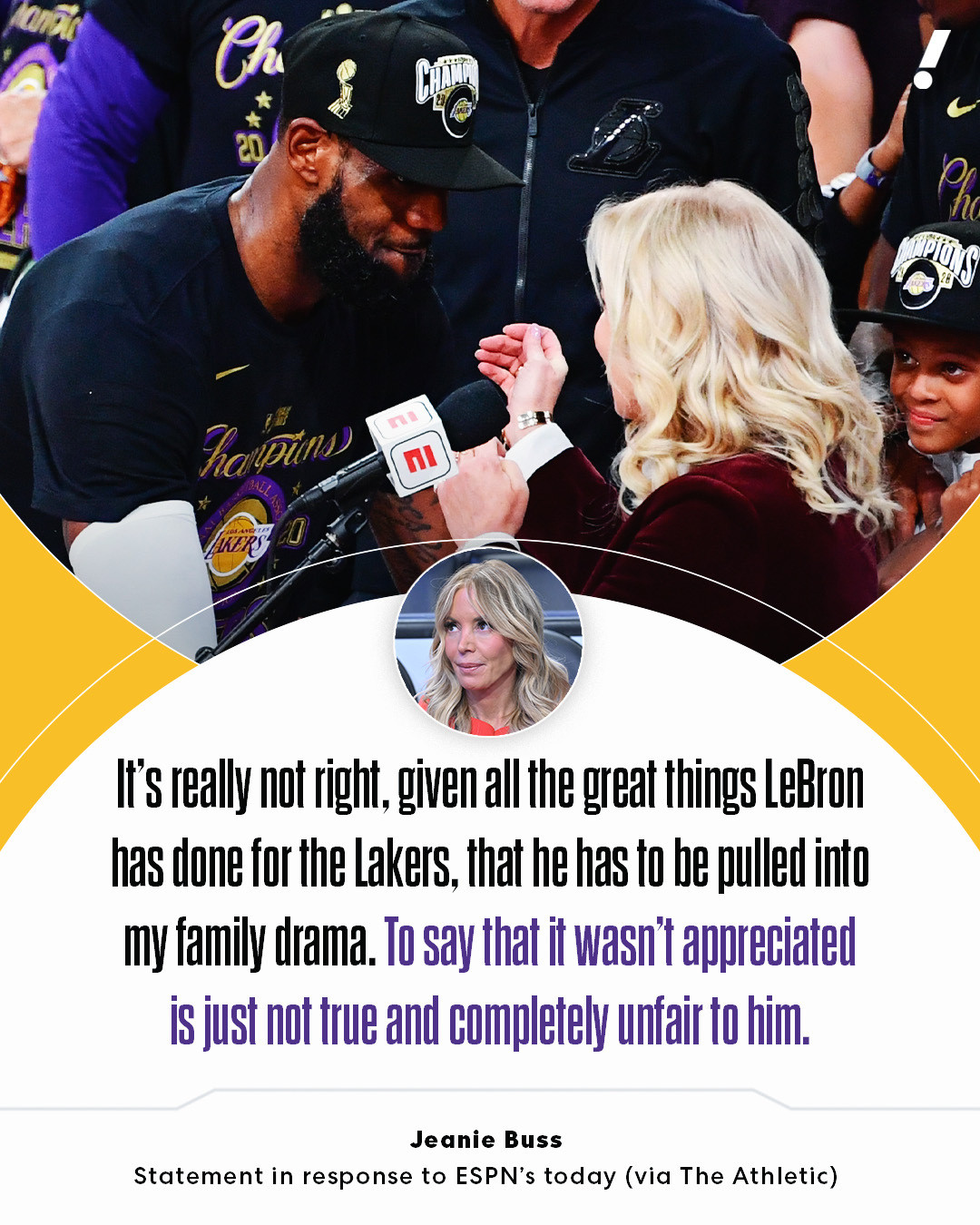 珍妮·巴斯通过TA回应ESPN的报道：考虑到詹姆斯为湖人所做的一切，把他牵扯进我