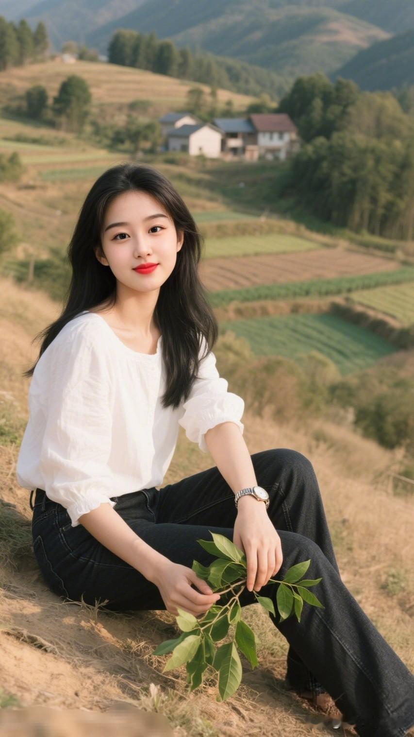 田园风光中的少女，手捧绿叶，微笑面对镜头。我喜欢一个人的安静，你喜欢吗
