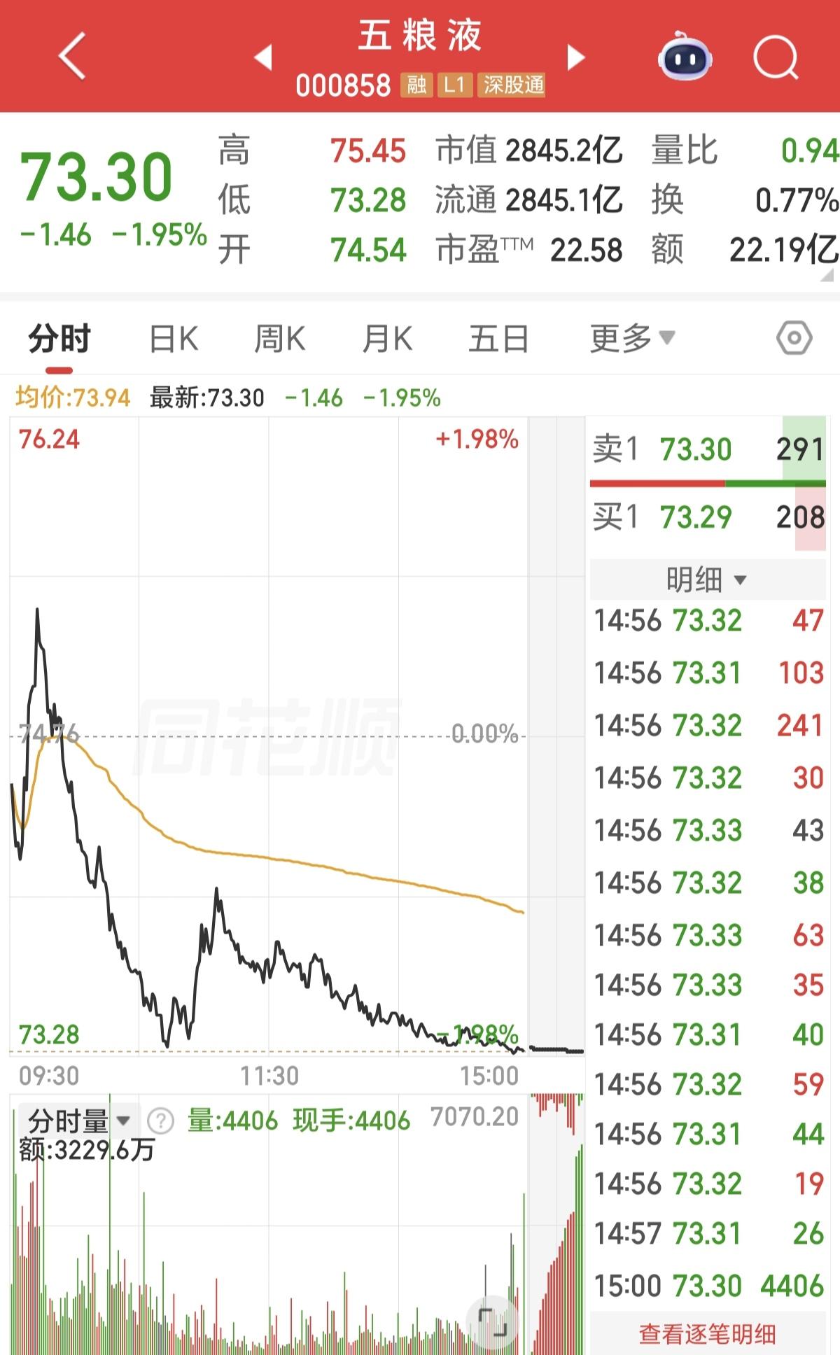 啥情况哦，五粮液又跌了近2个点，直接跌倒了73.30元，盘中更是来了一波大跳水，