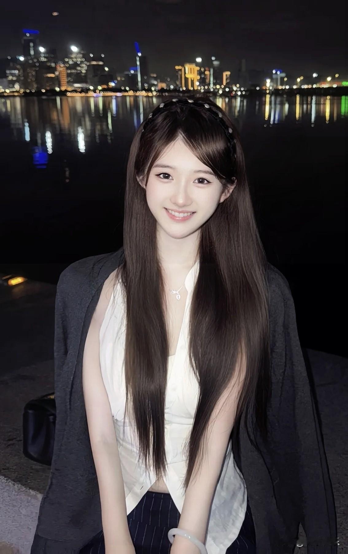 夜河畔甜妹出没！笑容晃眼，灯影沉进水里，浪漫因子疯狂冒泡✨。甜妹夜景拍照今日分