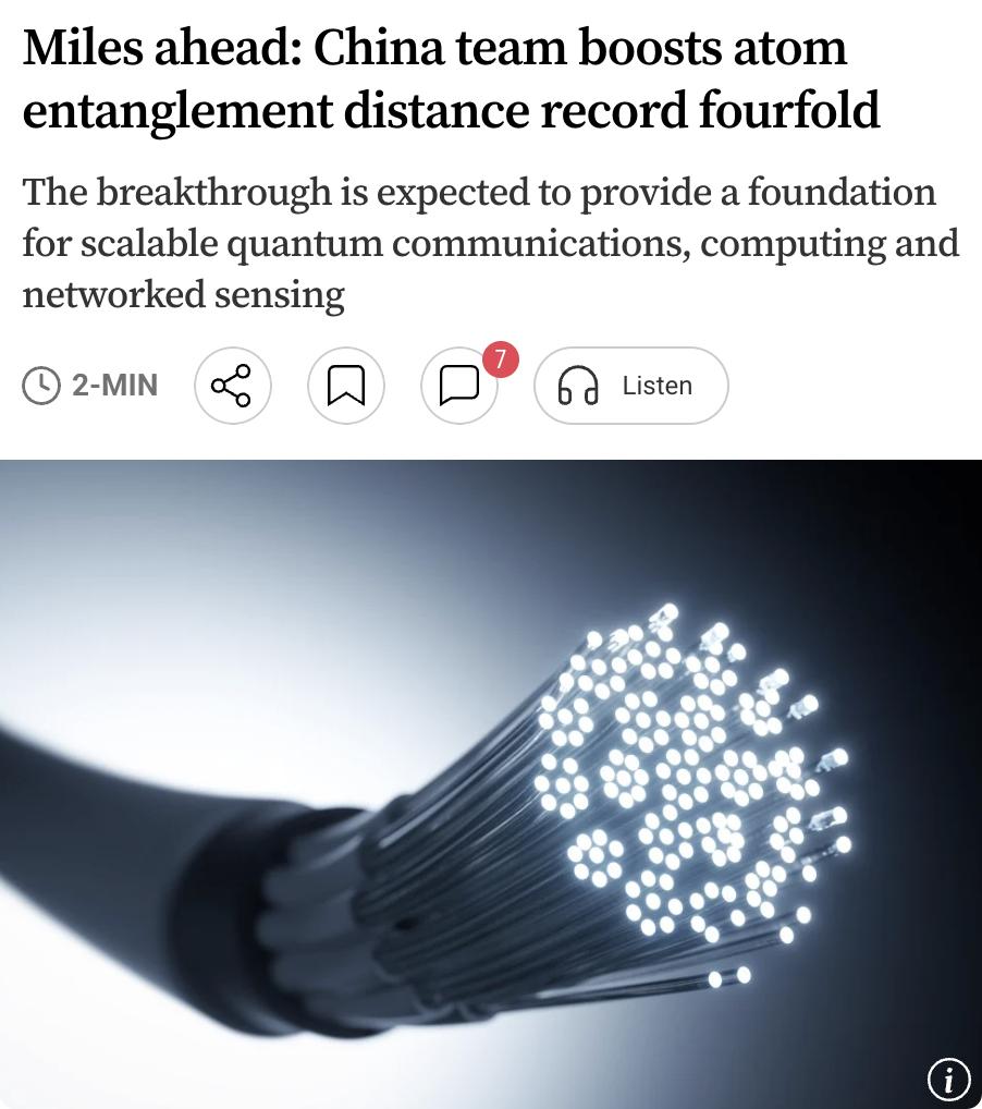 外媒：中国科学技术大学潘建伟团队实现了冷原子量子纠缠距离的重大突破，两个由激光冷