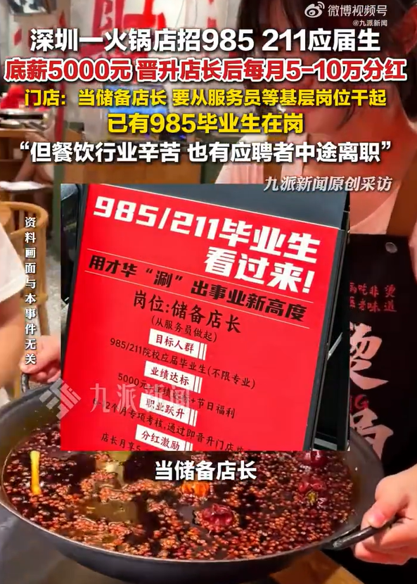 深圳一火锅店招985、211应届生, 底薪5000元, 晋升店长每月分红最高可达10万, 门店回应