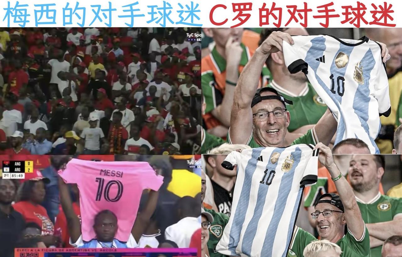 本月的国际比赛日：梅西的对手球迷高举梅西的球衣，梅西一进球一助攻。C罗的对手