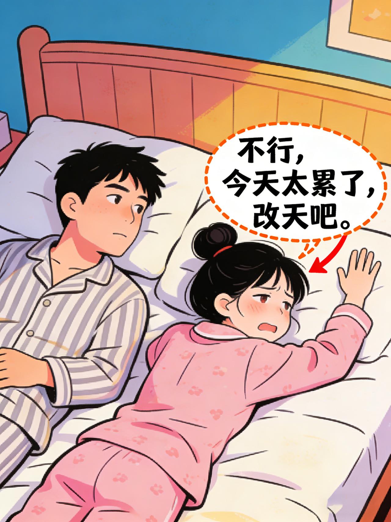 老公：老婆，今天能陪陪我吗？我想那个了老婆：不行，今天太累了，改天吧。老公：