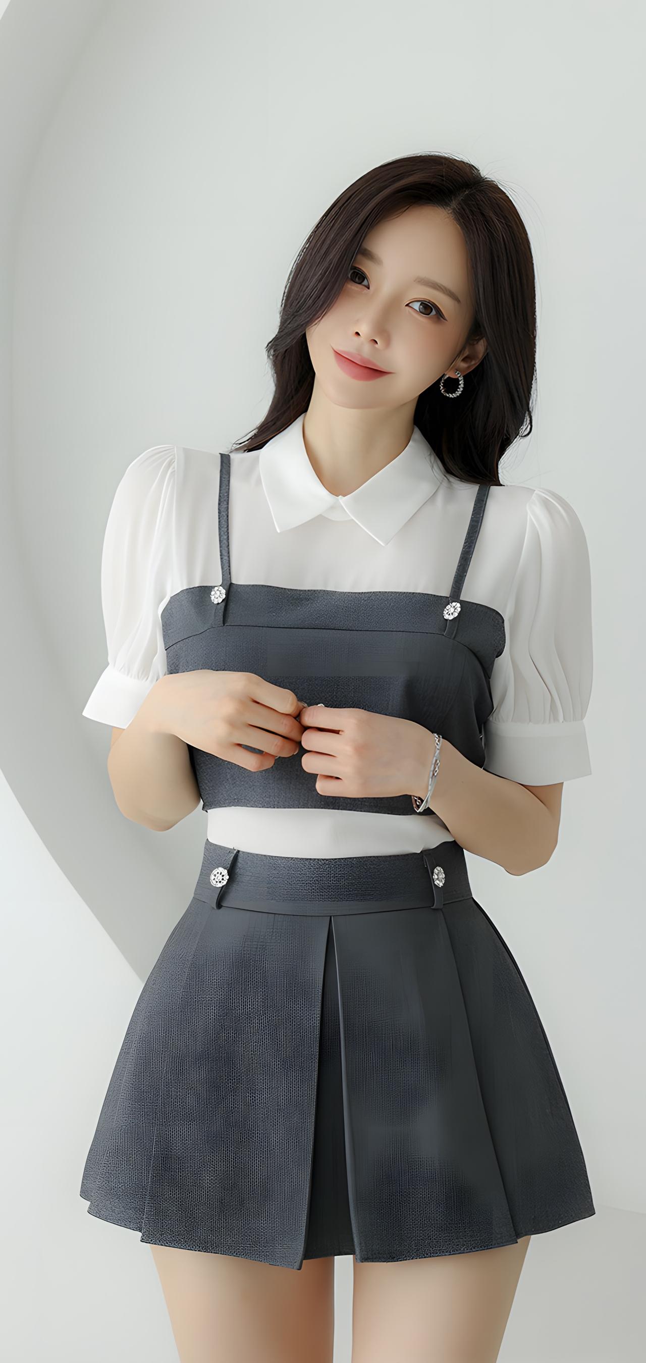 甜美学院风穿搭，白色衬衫+灰色背带裙，清新又减龄！💕