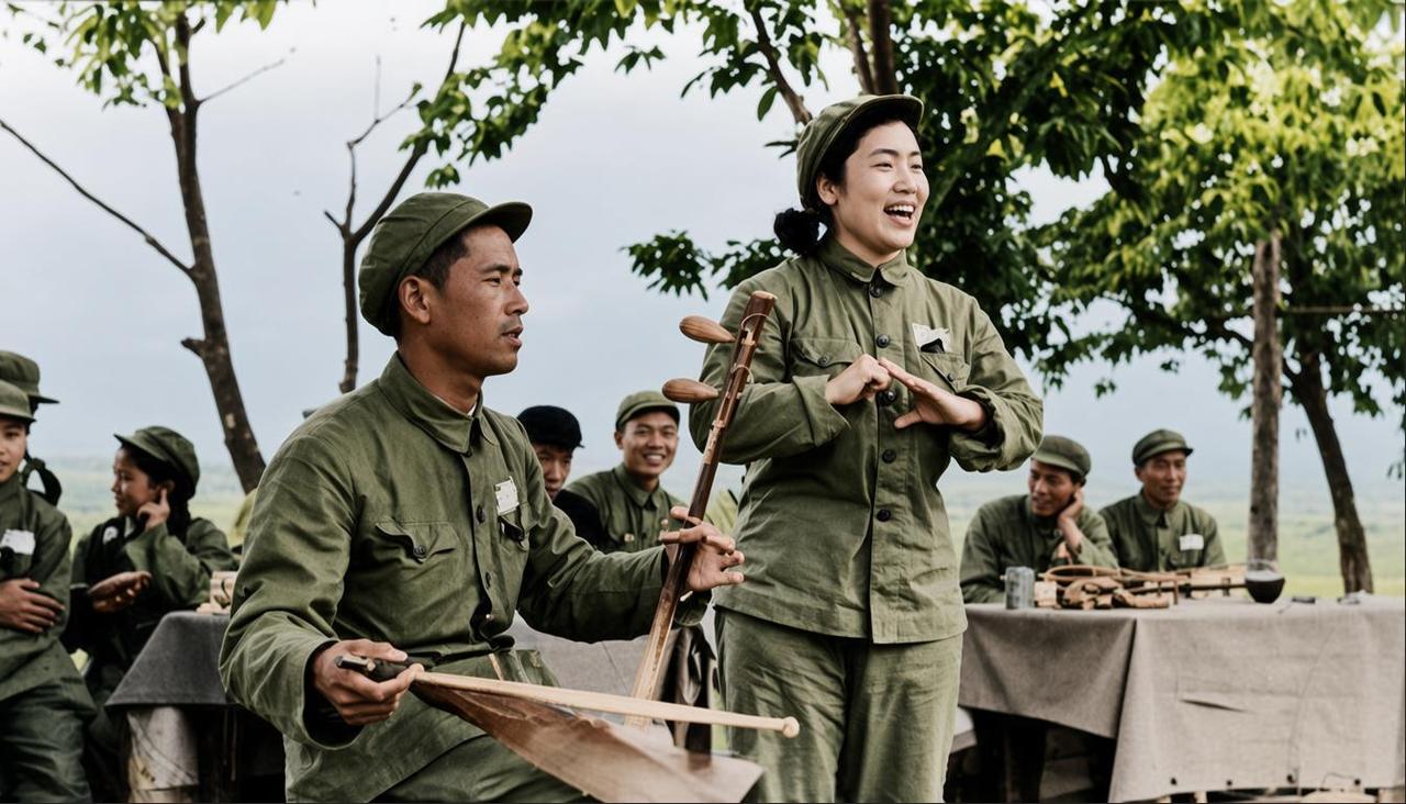 1953年，抗美援朝前线。常香玉为志愿军战士激情献唱，常香玉身着军装，腰扎皮带，