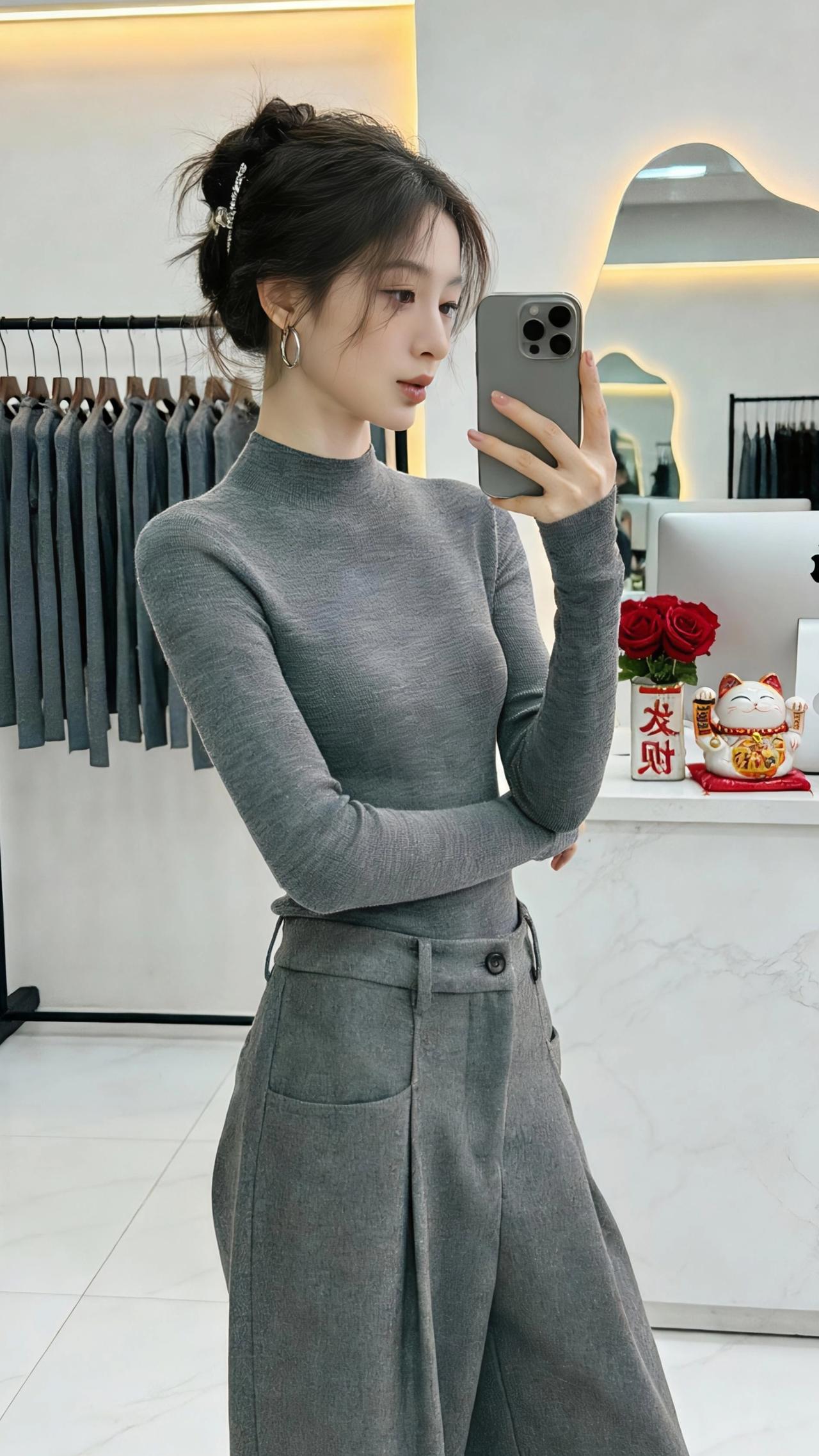 镜中灰调在这间铺着大理石的小店里，光从弧形灯圈里漫出来，像一层薄纱裹着空气