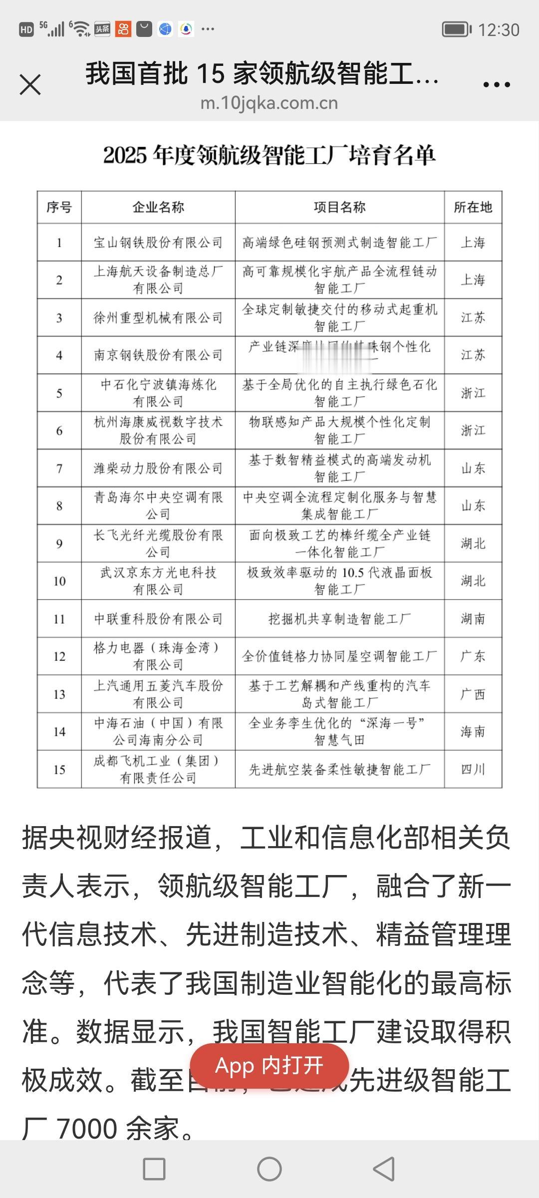 据央视新闻，工信部等六部门正式公布了首批领航级智能工厂名单，共15家智能工厂上榜