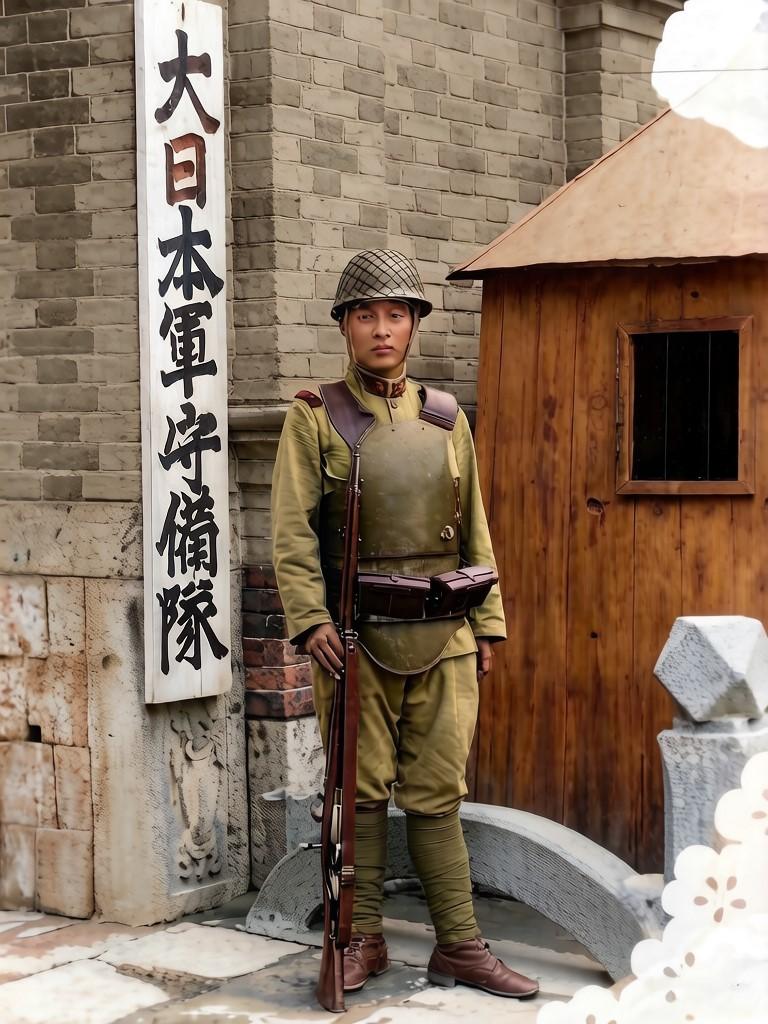 1938年的河南平顶山，一名日军士兵在宝丰县守备队兵营门前站岗。他手持三八式步枪