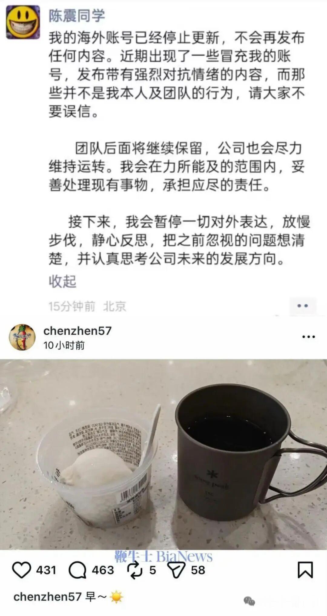 12月7日，网络车评人陈震在朋友圈发文称，其海外社交媒体账号目前已停止更新，后续