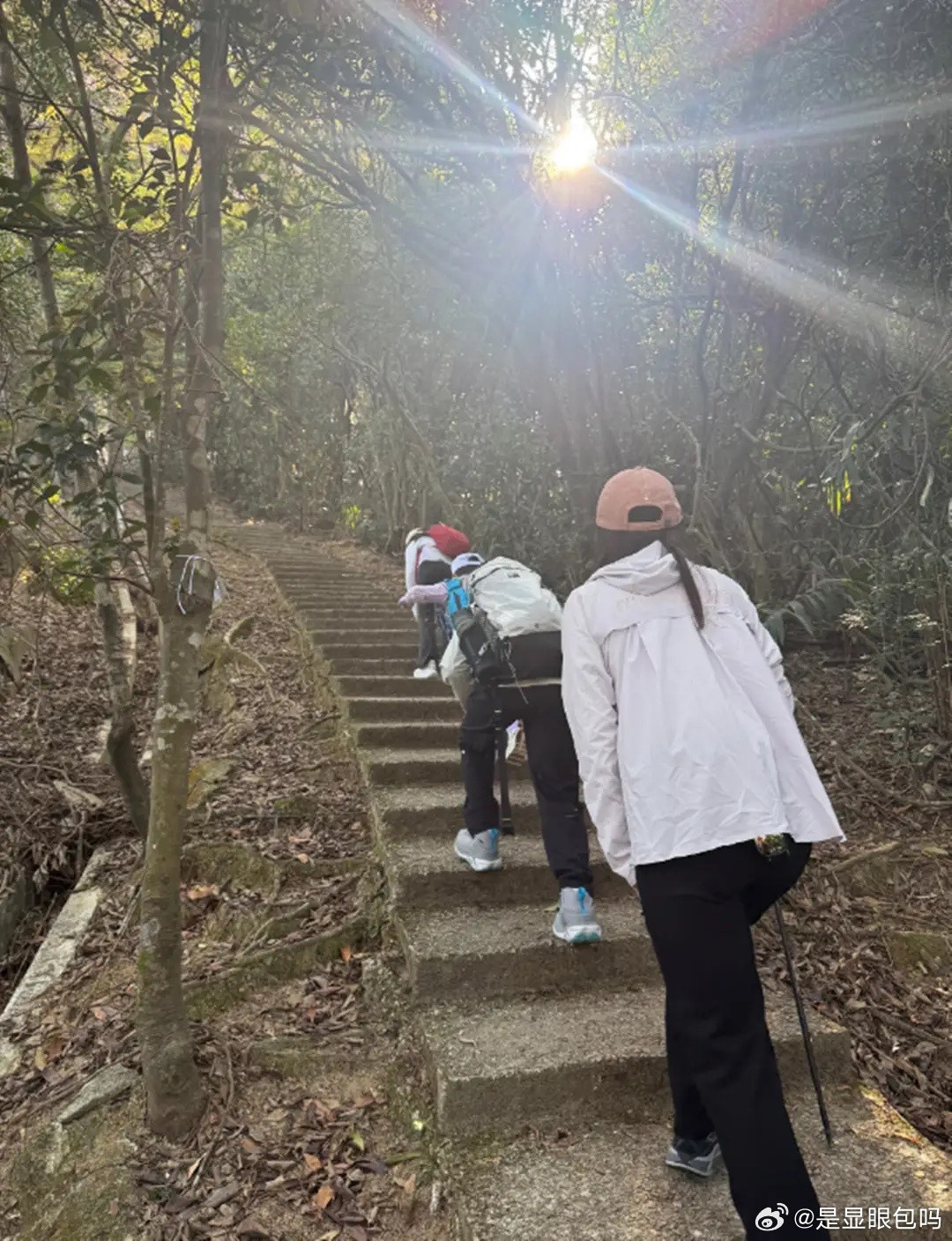 霍启刚一家爬山，仨孩子背着大包体力超好，郭晶晶个不高但气场强！