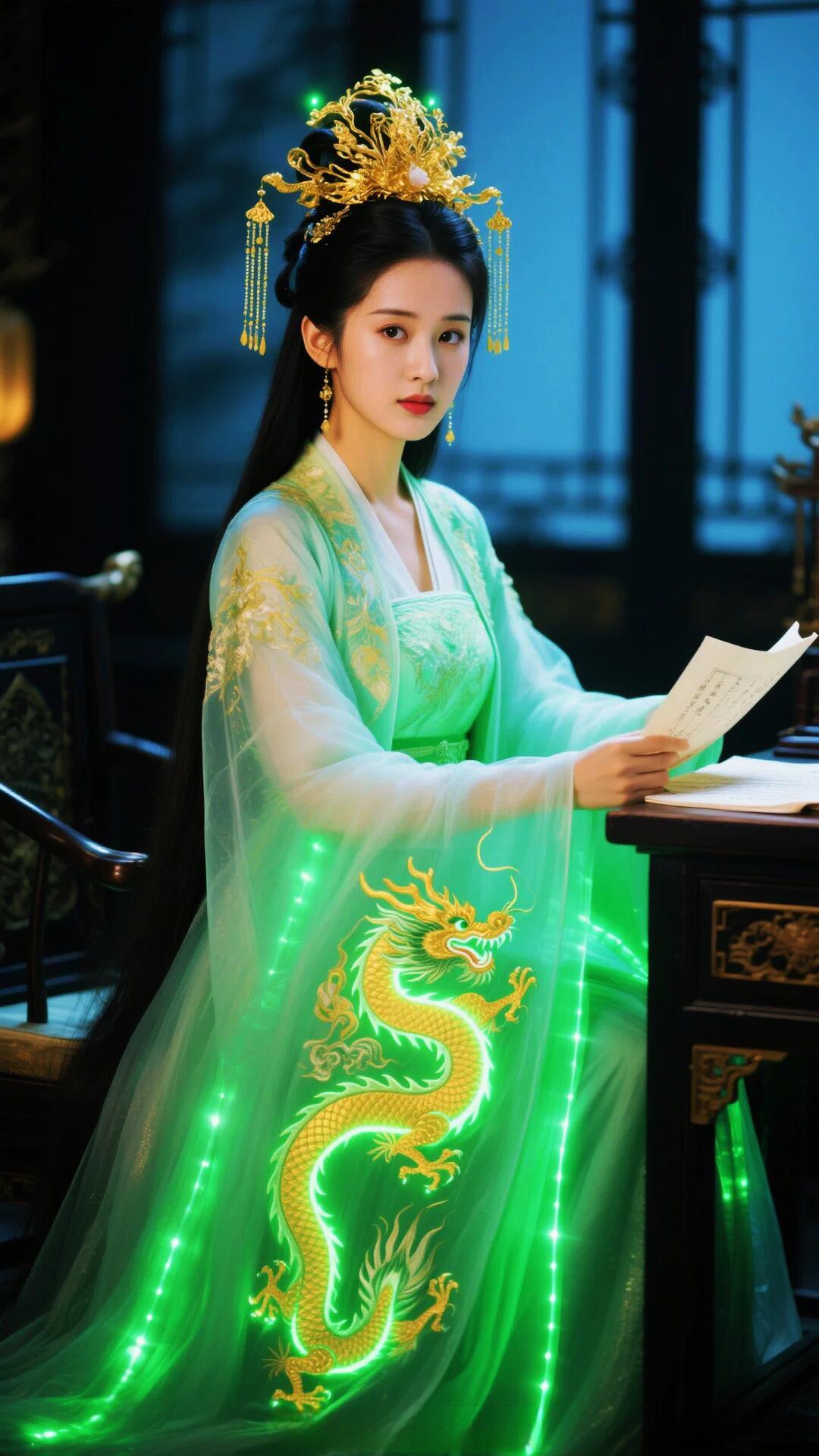 穿越时空的古典美人，手持书卷，龙纹华服，韵味十足。