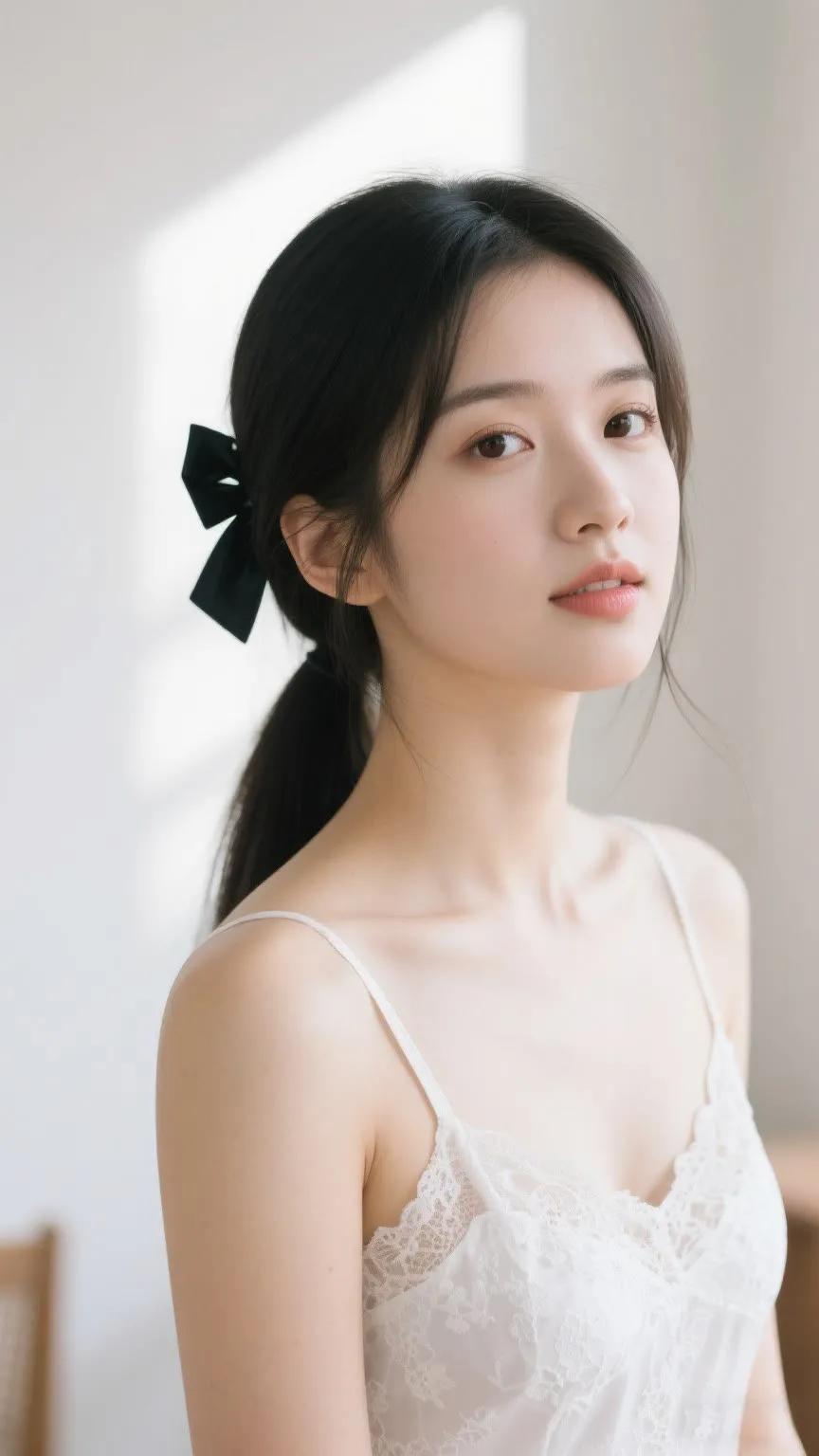 温柔少女，黑发蝴蝶结，白色蕾丝裙，清新自然。