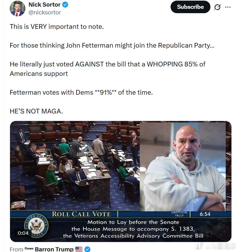 对于那些认为约翰·费特曼可能会加入共和党的人来说——他刚刚投票反对了一项高达85