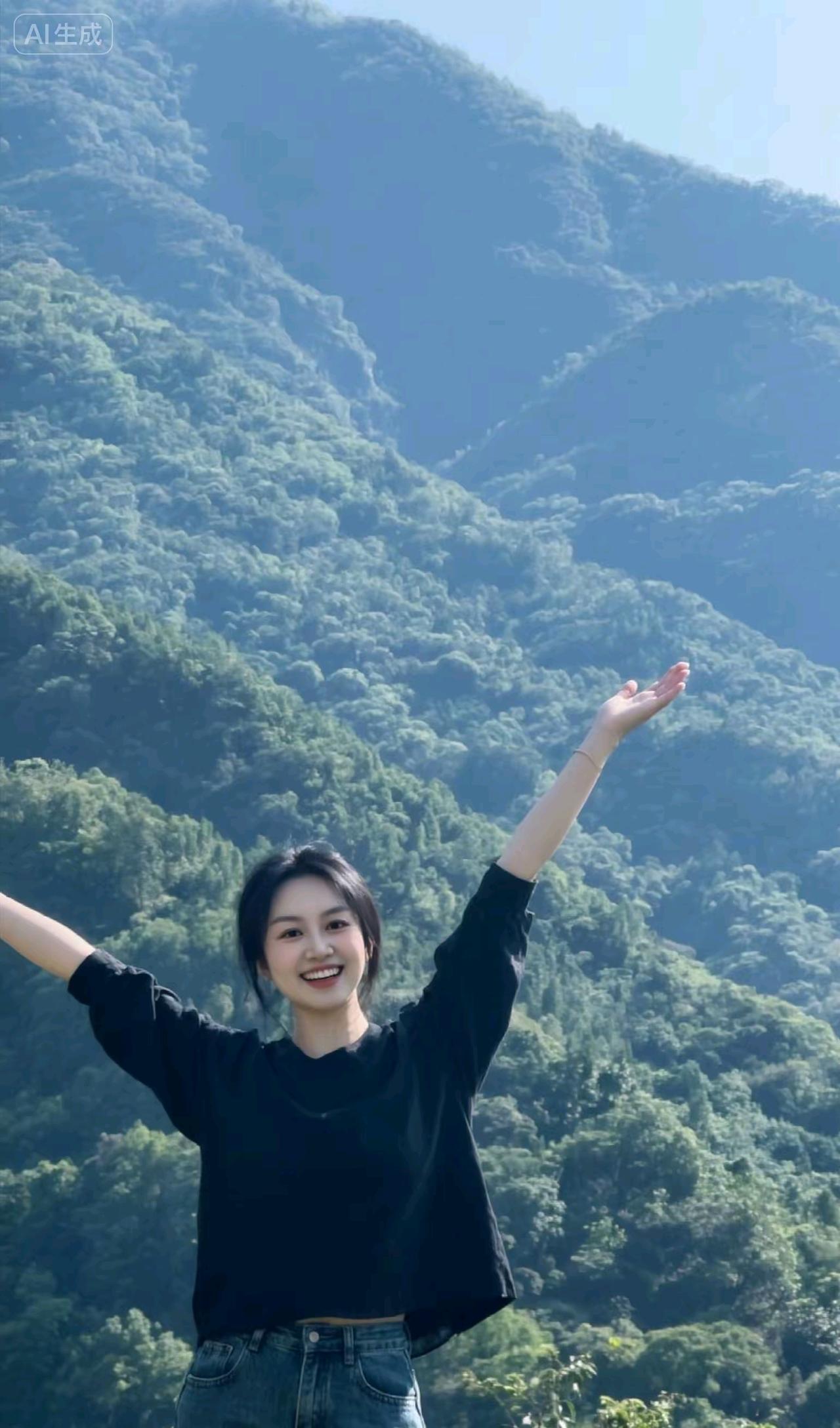 山巅畅意层峦耸翠接云天，晴日清辉洒远山。笑貌盈盈迎晓日，柔风袅袅拂云鬟。漫