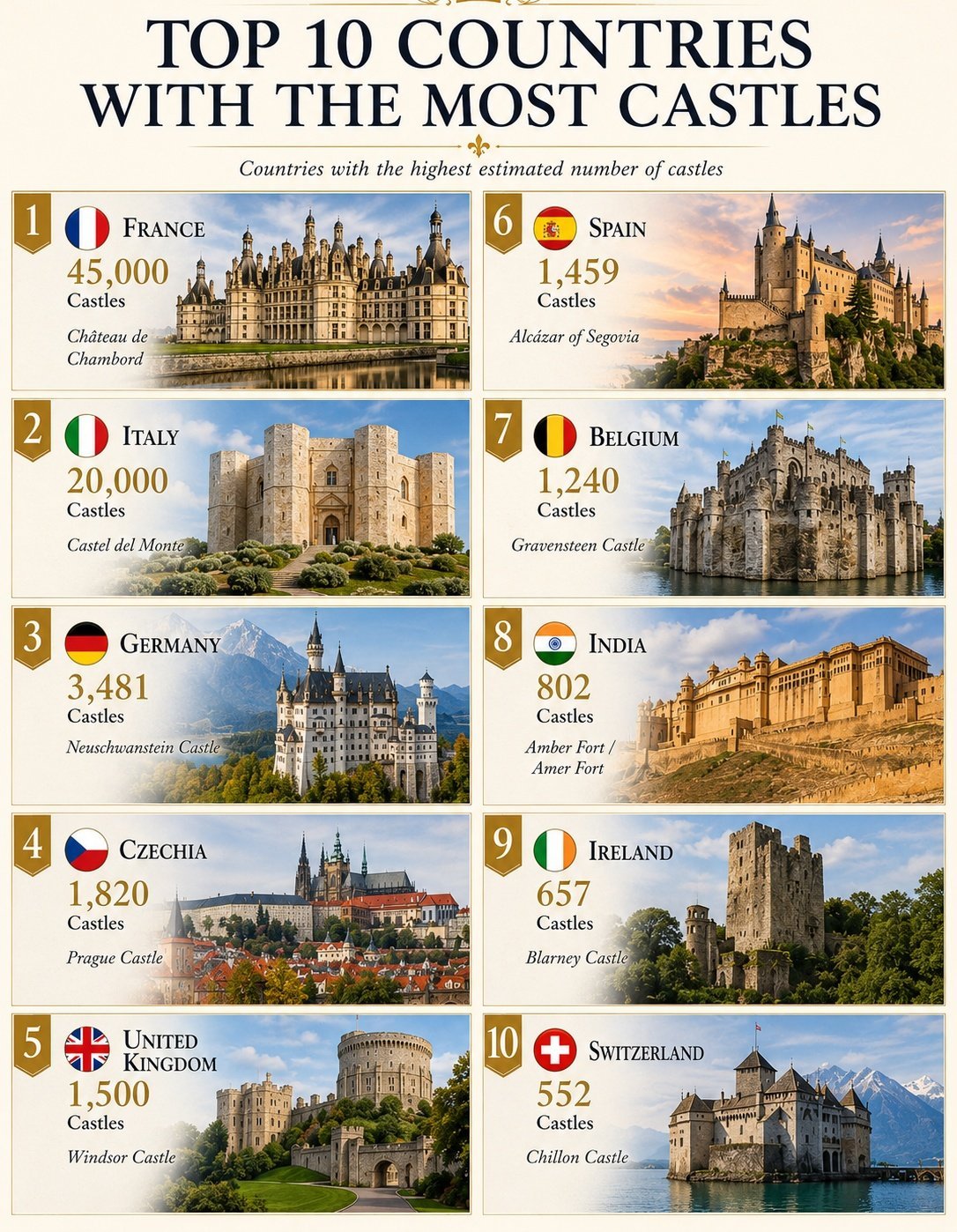 全球城堡数量最多的十个国家：1.🇫🇷法国——45000座2.🇮🇹