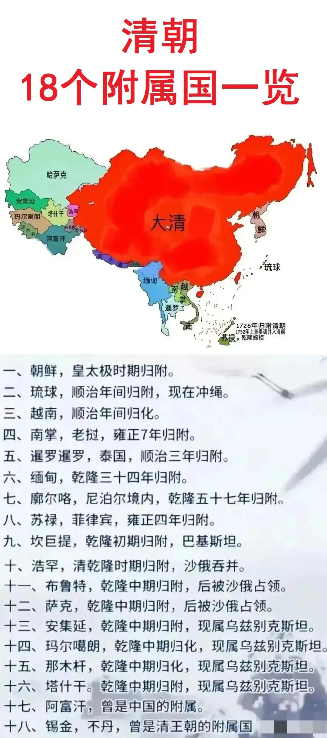 清朝：藩属国不到20个明朝：藩属国据说超过100个明朝在巅峰时，不仅拥有强