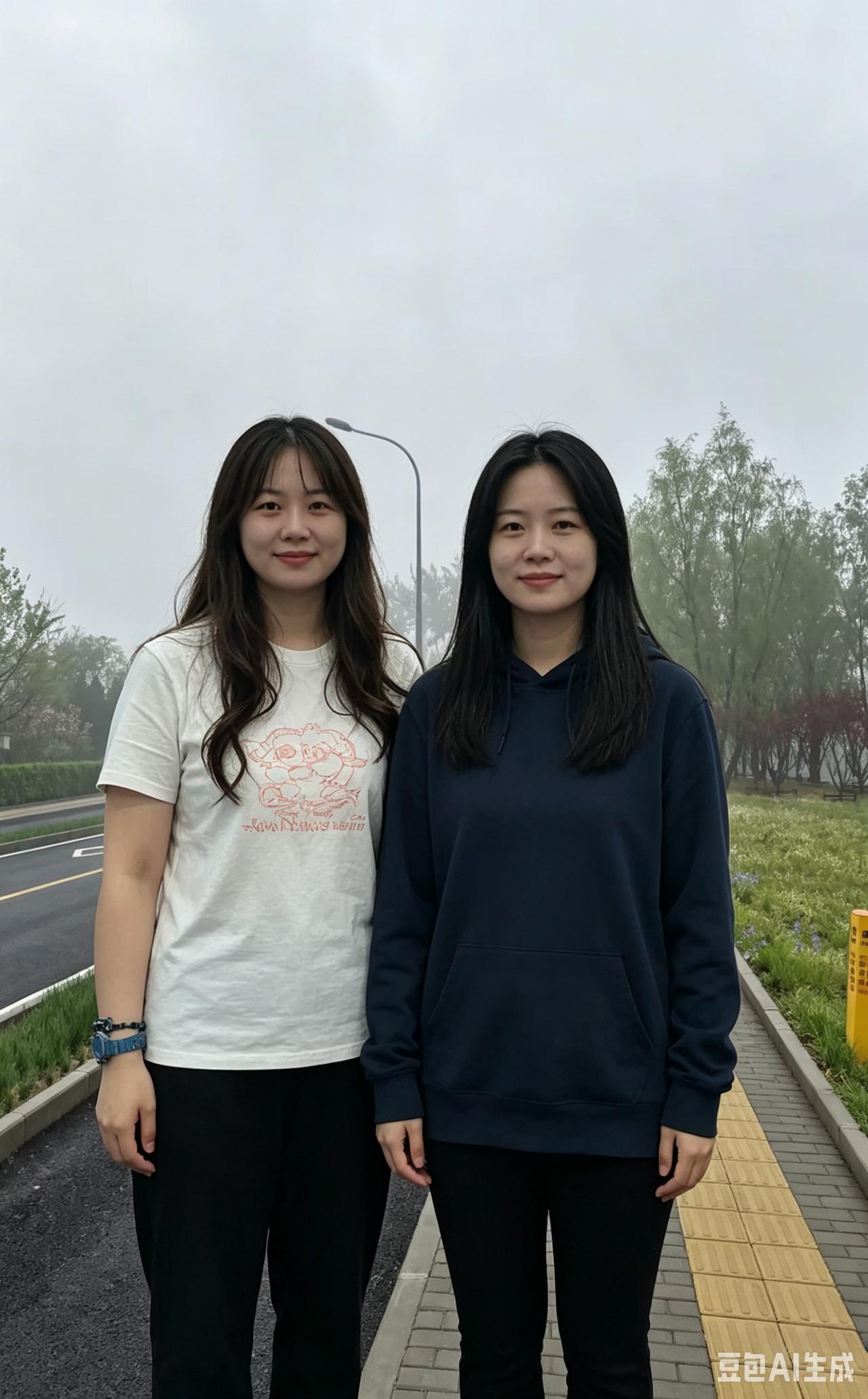 长街如洗草痕新，晓雾垂天淡似云。并肩不问人间事，眉眼清欢各自温。