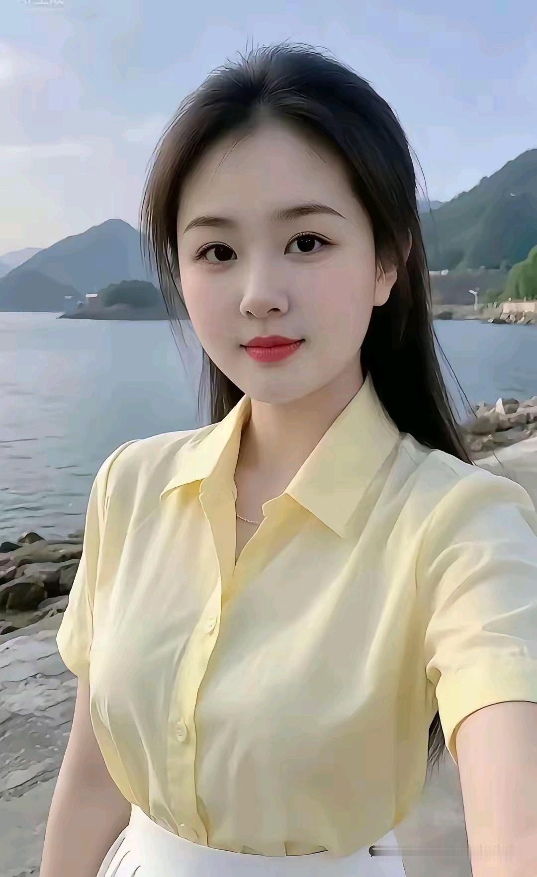 湖畔闲游青山绕水远接天，静靠江岩意自安。一袭黄衫披晓霭，青丝柔拂丽容妍。