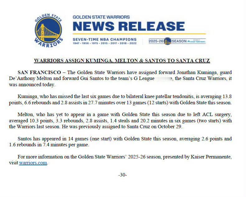 终于看到梅尔顿的消息了！勇士官方宣布将库明加、梅尔顿和桑托斯下放到发展联盟圣克鲁
