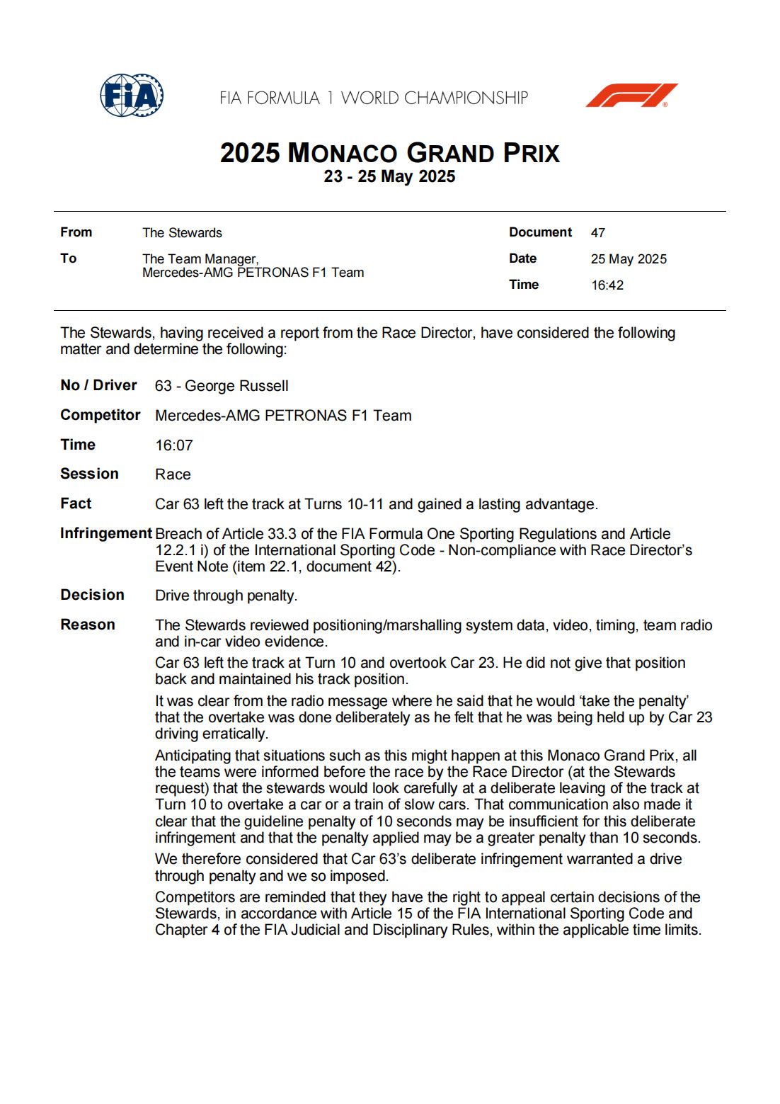 F1拉塞尔在正赛中因切弯获利被罚通过维修区，官方文件中的理由写道：赛事仲裁审查