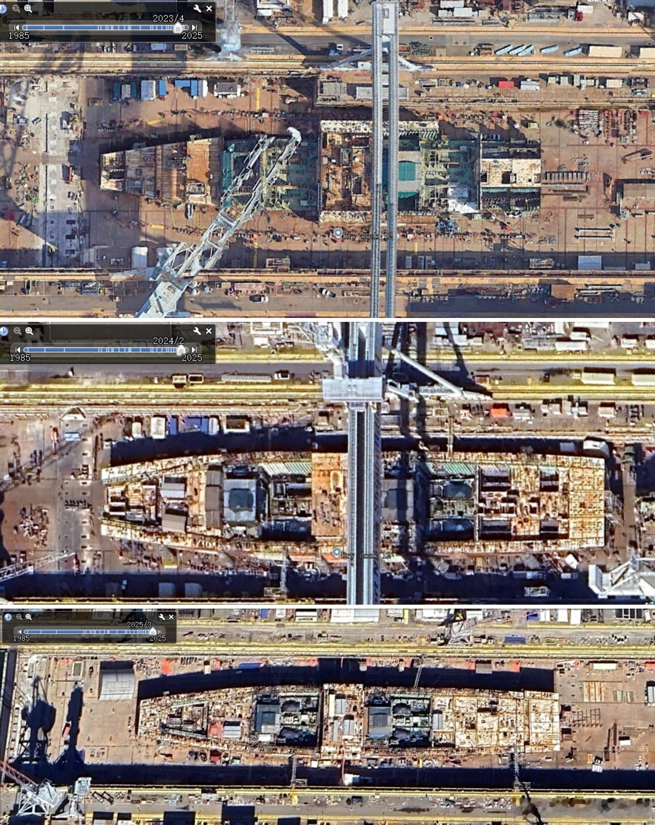 附图是企业号(CVN-80)2023、2024、2025年同期的建造情况企业号