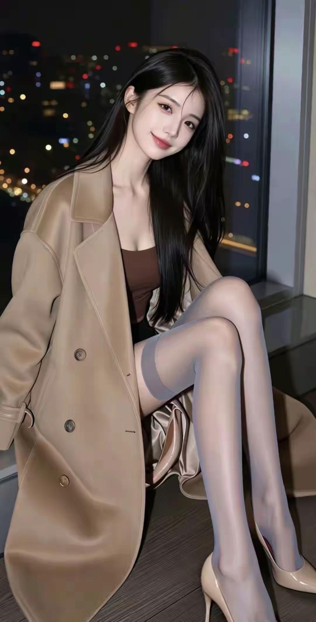 都市夜景下的优雅女性，时尚穿搭展现都市魅力。