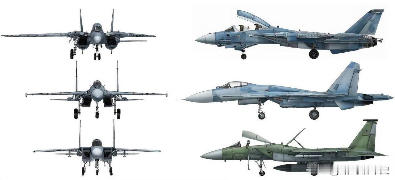 三款经典的重型战斗机，冷战时期的巅峰之作。F-14已经退役，苏-27和F-15依