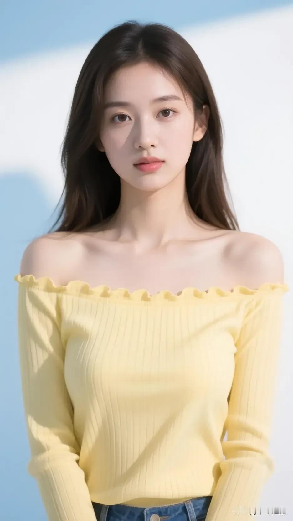 鹅黄露肩衫揉着清甜，浅发垂着软萌，眉眼间漾着夏日汽水般的清爽玫粉色衬衣裙清蓝