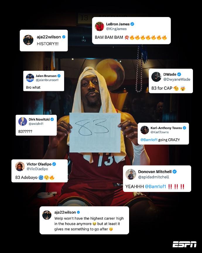 阿德巴约的83分，具体分布：投篮：43投20中，46.5%三分：22投7中