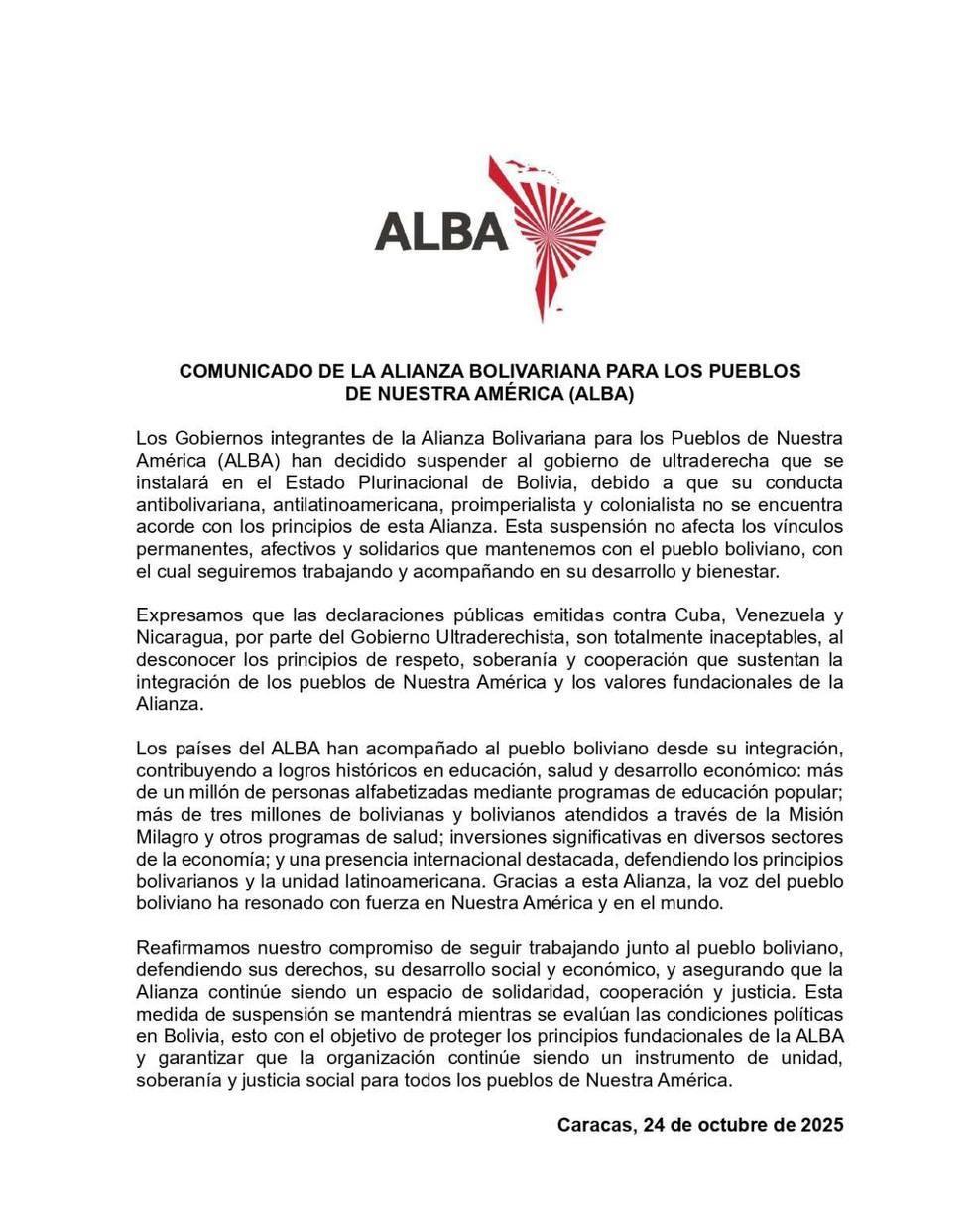 ❗美洲人民玻利瓦尔联盟各成员国政府决定暂停多民族玻利维亚国右翼政府的联盟成员国资