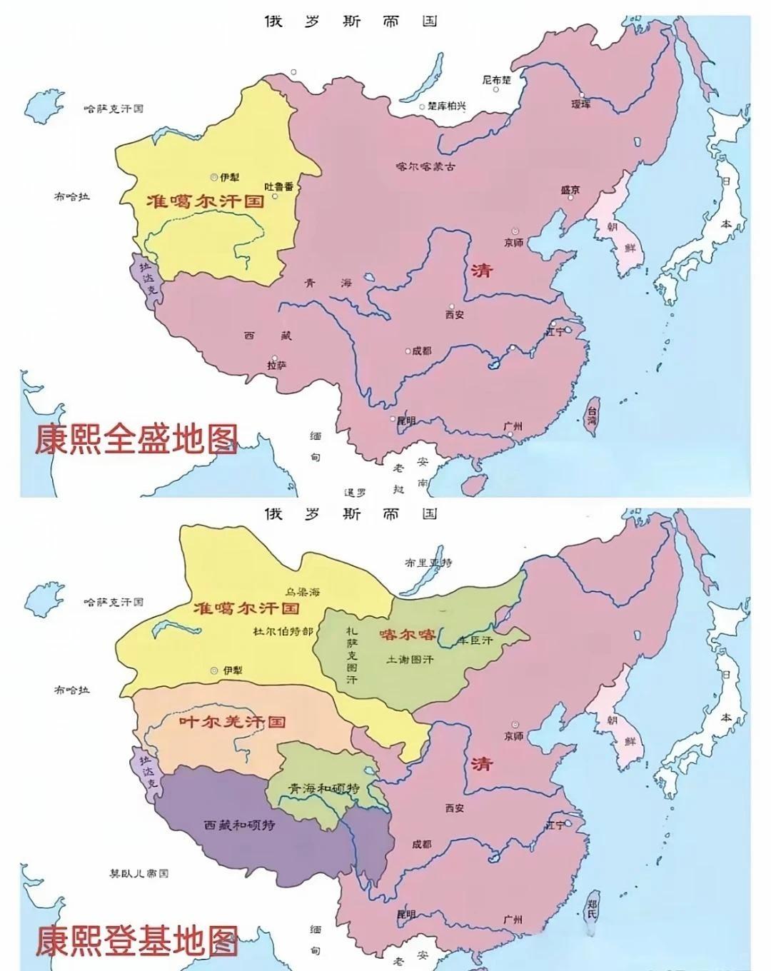 这两幅地图直观地展现了康熙朝如何逐步夯实清廷对多民族边疆地区的实际控制。登基之初