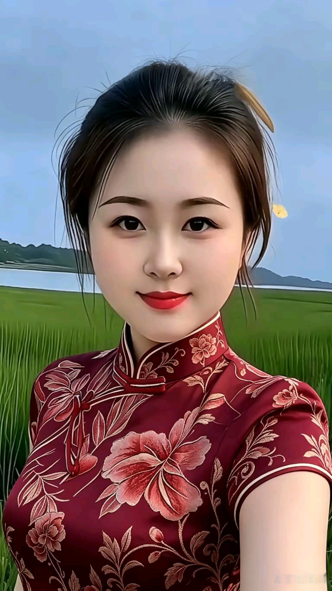原野旗袍佳人绿野平湖映远冈，红衫旗袍溢芬芳。青丝漫舞随风扬，浅笑盈盈目流