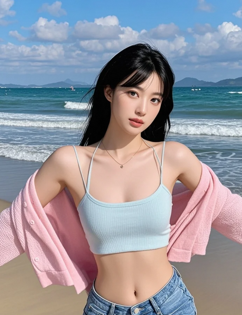 海风送来的甜美美女笑靥