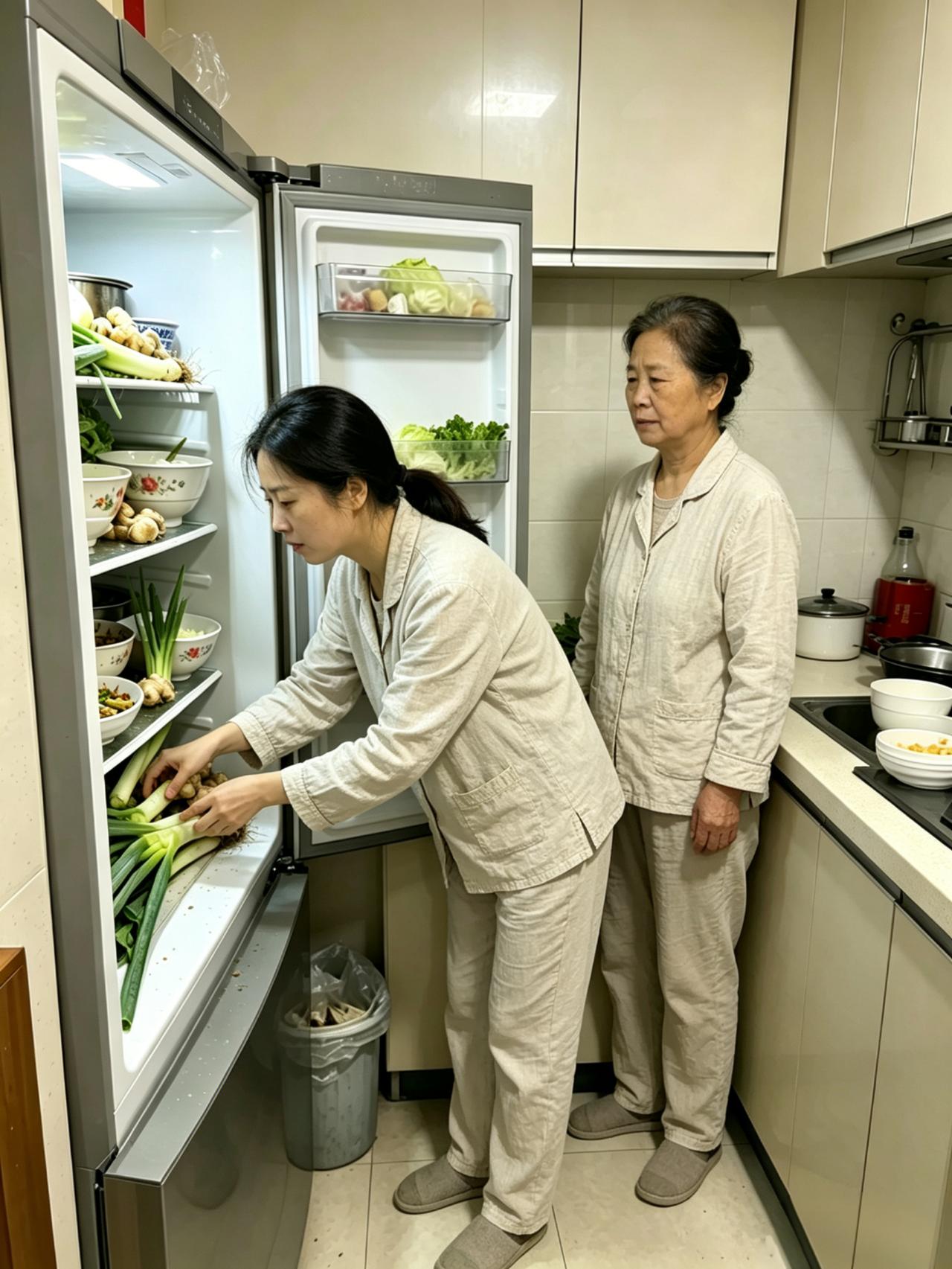 今天早上打开冰箱，一下子火气就上来了。婆婆又把带着泥土老根的大葱放进冰箱，还有