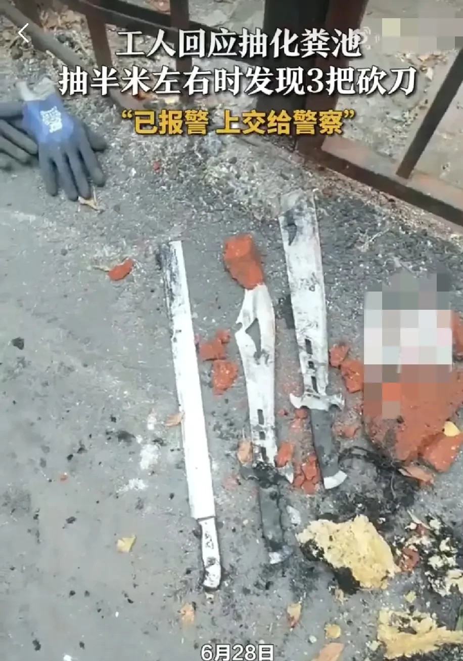 化粪池里捞出三把砍刀？这事儿太离谱了！6月28日，黑龙江哈尔滨一小区在抽